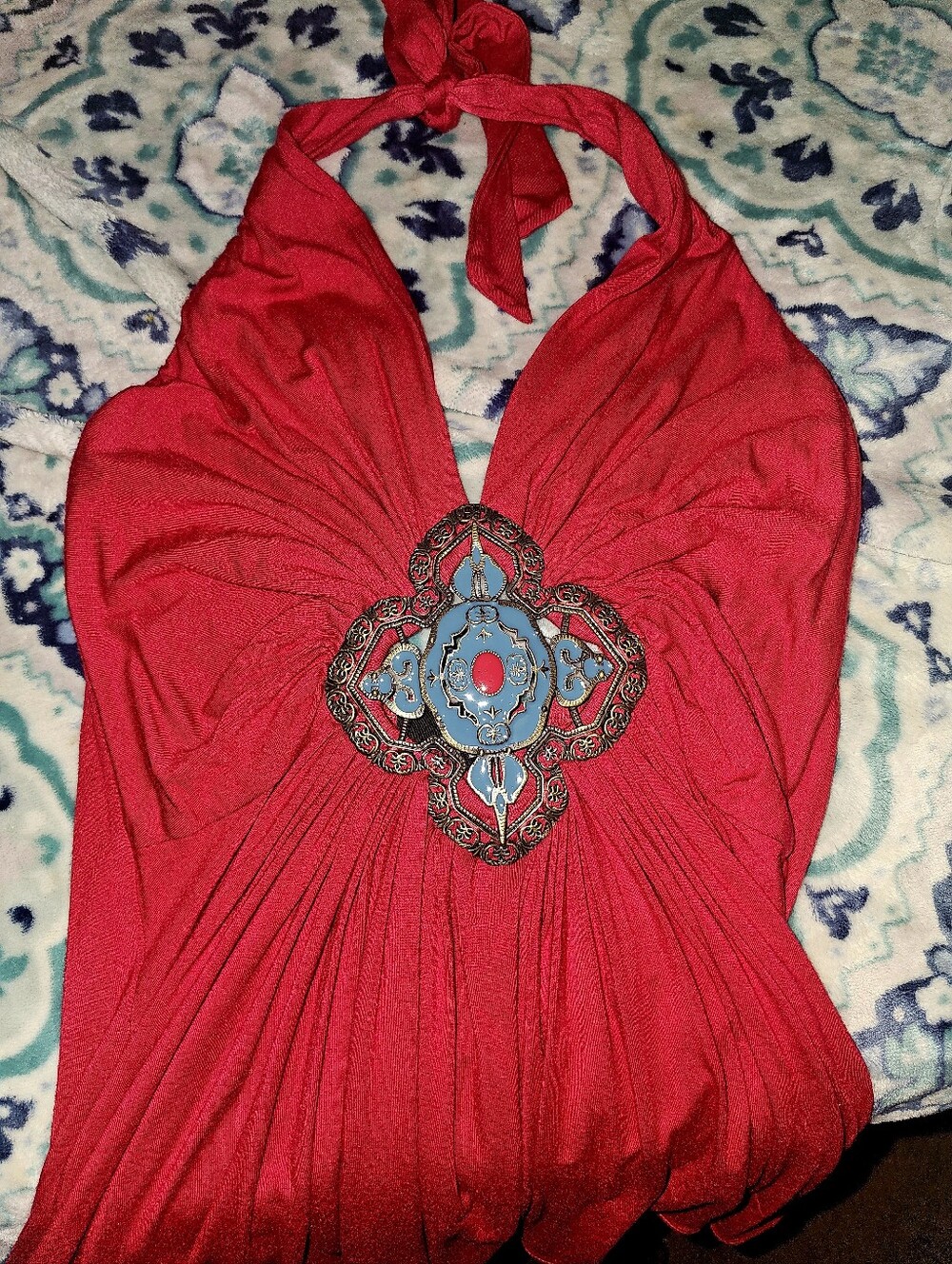 SKY Red Halter Neck Women’s Top with Decorative Medallion